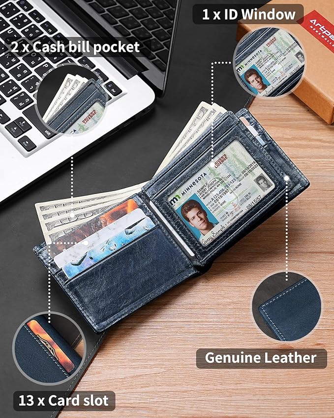Mens Wallet Bifold Genuine Leather RFID Blocking Wallet for Men with 1 ID Windows 13 Card Holders 2 cash pockets 1 Gift Box