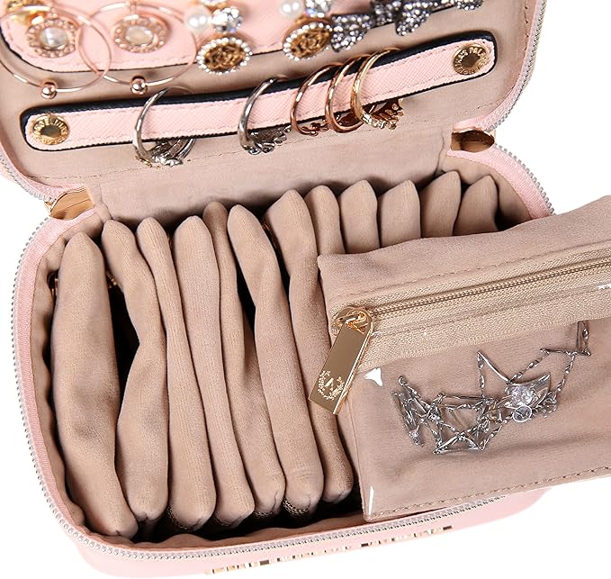 Angelina's Palace Jewelry Organizer Case Bridesmaid Gifts Travel Bag Vegan Leather Box for Necklace Earring Bracelet Ring(soft pink)