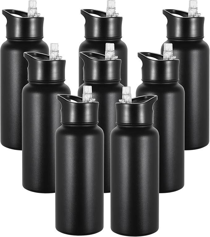 VEGOND 32 oz Insulated Water Bottle Bulk Stainless Steel Metal Water Bottles with Leak Proof Straw Lid & Spout Lid, Wide Mouth Double Walled Vacuum Travel Sports Bottle, 8 Pack