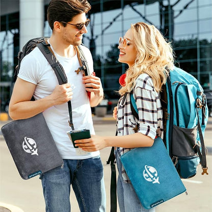 PAVILIA Travel Blanket and Pillow, Arms Opening Airplane Blankets for Adults, Compact Plane Blanket with Arm Hole 2-in-1 Bag for Flight Car Camping Fit in Luggage Backpack Traveler Gift, Dark Gray