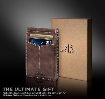 SERMAN BRANDS RFID Blocking Wallet Slim Bifold - Genuine Leather Minimalist Front Pocket Wallets for Men with Money Clip Gift (Morning Roast)