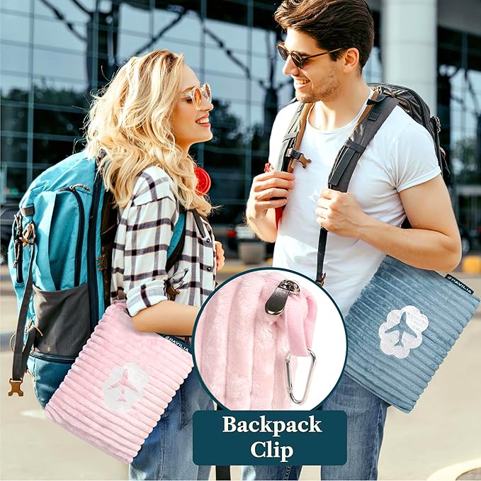 PAVILIA Travel Blanket Pillow in Soft Bag with Pockets, Airplane Blanket Set, Plane Blanket Compact Packable, Flight Essentials Car Pillow, Travelers Accessories Gifts, Luggage Strap, Light Pink