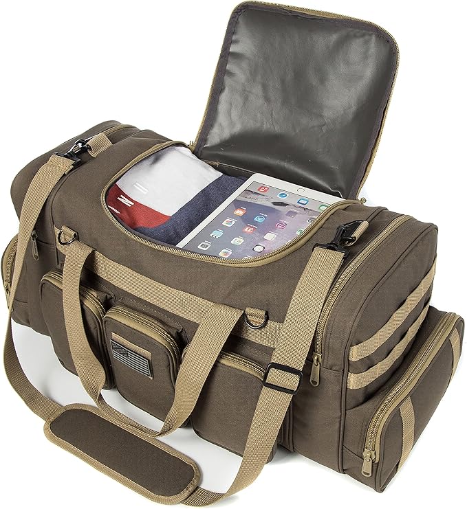 Tactical Range Duffel Heavy Duty Military Molle Gear Travel Sports Gym Bag Lockable Zippers with US Flag Patch (27 In Khaki)
