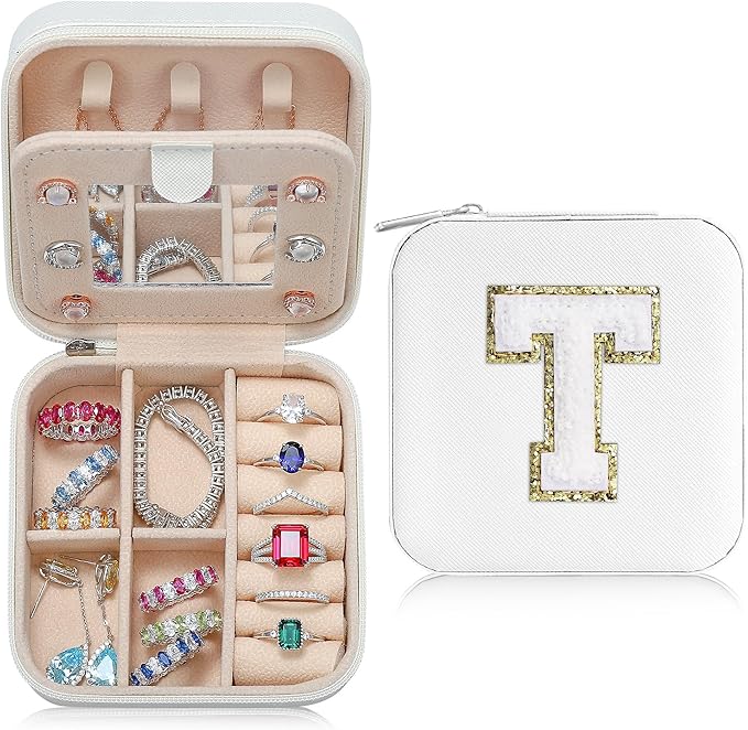 Parima Travel Jewelry Organizer for Women | Necklace, Earring, Ring Organizer | Travel Gifts for Women - Letter T, White