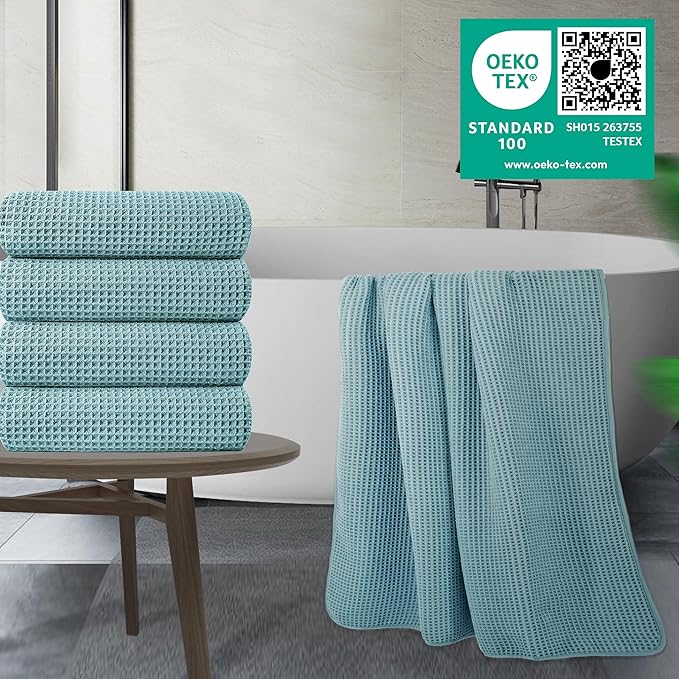 POLYTE Microfiber Oversize Quick Dry Lint Free Bath Towel, 60 x 30 in, 4 Pack (Waffle Weave)