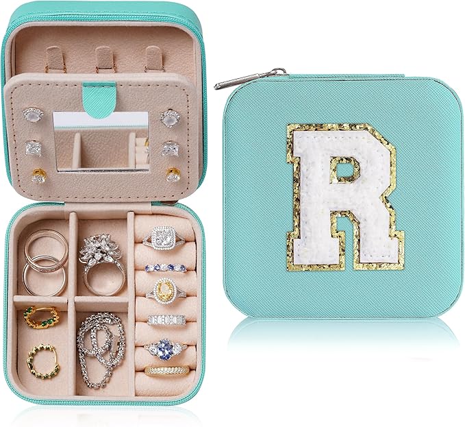 Parima Small Jewelry Organizer for Girls | Mini Travel Jewelry Box - Letter R, Aqua Blue