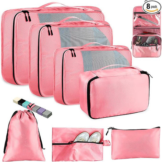 8-Piece Packing Cubes for Travel, Mesh Luggage Organizers with Shoe Bag, Toiletry Bag, Laundry Pouches, 4 Sizes (XL/L/M/S) for Suitcase Organization, Men Women Kids, Pink