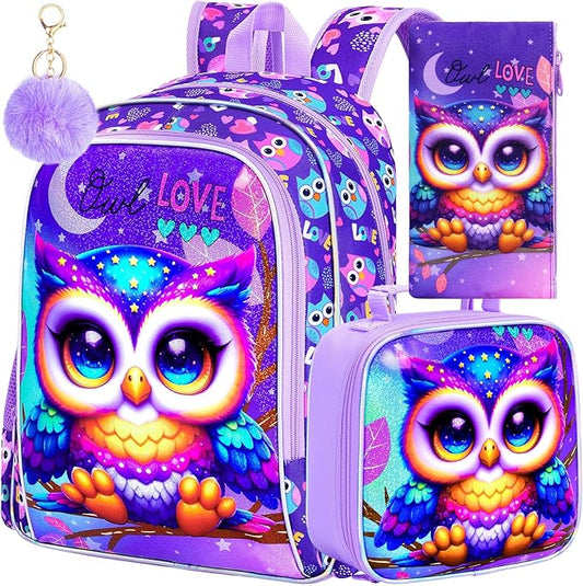 WZLVO 3PCS Backpack for Girls, 16" Kids Owl Preschool Bookbag with Lunch Box，Cute Animal Water Resistant School Backpacks Set for Elementary Kindergarten