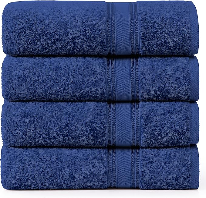 LANE LINEN 100% Cotton 4 Pack Bath Towels (28"x54") - Zero Twist, Mercerized Cotton Towels Set for Bathroom - Quick Dry, Soft & Absorbent Large Bath Towel Set - Dorm Essentials for Boys - Navy Blue