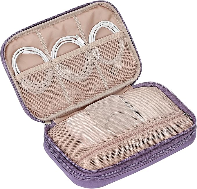 NISHEL Travel Cord Organizer Case, Double Layers Tech Electronic Bag, Essentials for Charger, Cable, Phone, Flash drive, Large, Purple