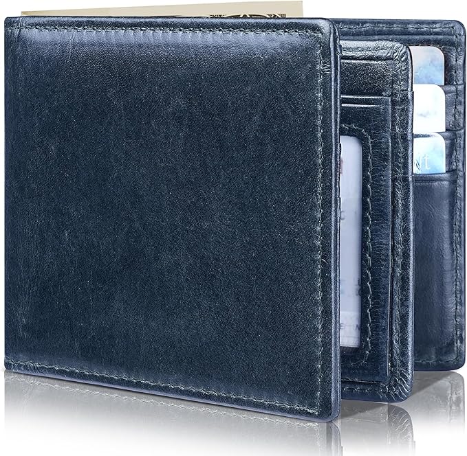 Mens Wallet Bifold Genuine Leather RFID Blocking Wallet for Men with 1 ID Windows 13 Card Holders 2 cash pockets 1 Gift Box