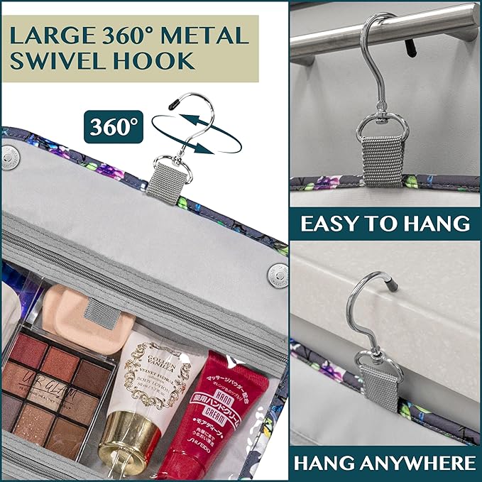 PAVILIA Hanging Toiletry Bag Women Men, Foldable Cosmetic Organizer Travel Bag, Water Resistant Makeup Bag Toiletries, Large Travel Essentials Kit (Grey Floral)