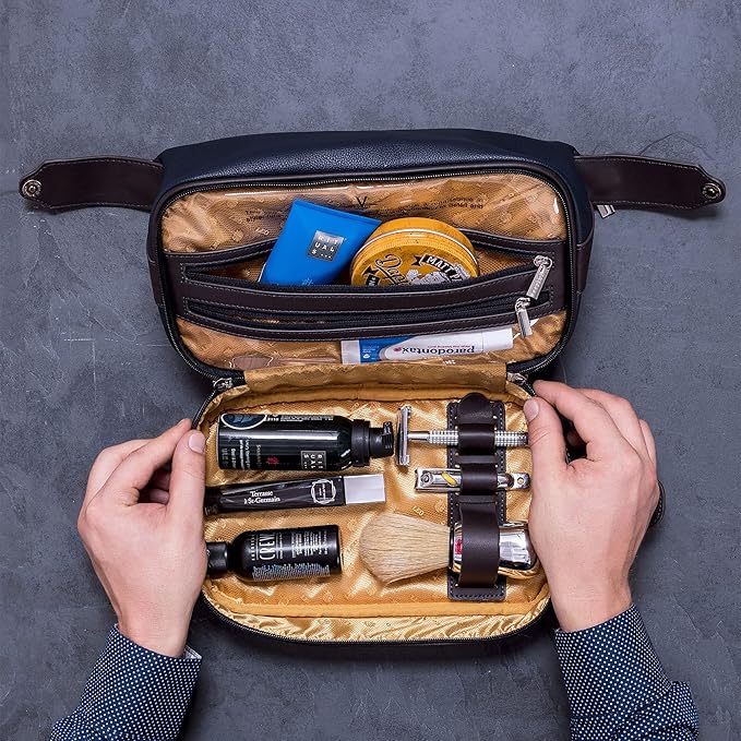 Vetell Leo Large Leather Men's Travel Toiletry and Shaving Case Bag with Upper and Lower Zippered Compartments, 3 Interior Loops and Carrying Handles