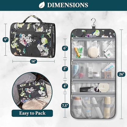 PAVILIA Hanging Toiletry Bag Women Men, Travel Kit Foldable Large Toiletries Organizer, Roll up Cosmetics Makeup Bag Accessories, Waterproof Essentials Jewelry Case (Floral Grey)