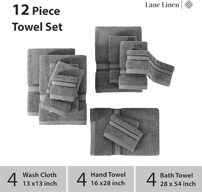 LANE LINEN Towel Set of 12 – 100% Mercerized Cotton, Zero Twist, 4 Large Bath Towel, 4 Hand Towels & 4 Wash Cloths, Quick Dry & Long-Lasting, Perfect for Family Bathrooms, Easy Care – Cool Grey