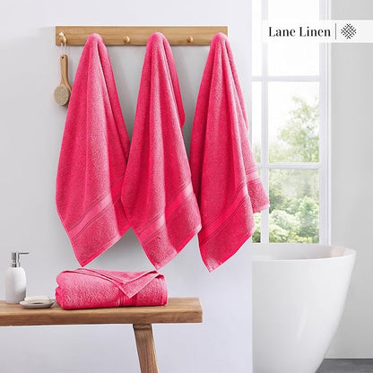 LANE LINEN 100% Cotton Large Bath Towels Set of 4 (28"x54") - Zero Twist, Mercerized Cotton Bathroom Towel 4 Pack - Quick Dry, Soft & Absorbent Large Towels Set - Dorm Essentials for Girls - Fuchsia