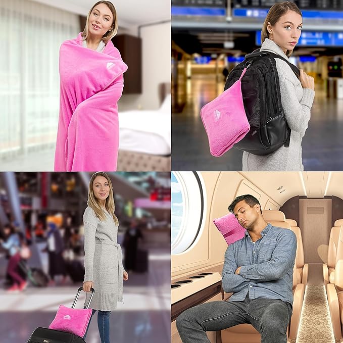 BlueHills Premium Soft Travel Blanket Pillow Airplane Blanket Packed in Soft Bag Pillowcase with Hand Luggage Belt and Backpack Clip, Compact Pack Large 2 in 1 Combo for Any Travel (Pink T004)