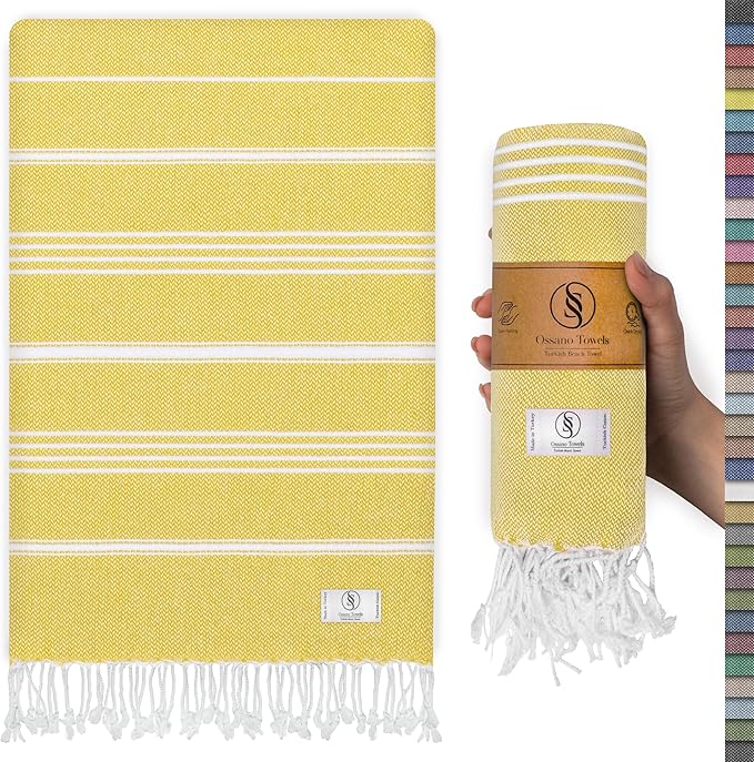 Turkish Beach Towel Quick Dry & Absorbent Oversized (39" x 71") - Compact, Versatile and Functional as Yoga Mat, Picnic Blanket, Travel Blanket, Bath, Camp and Shower Towel - Yellow