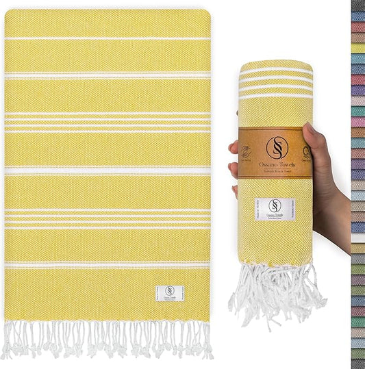 Turkish Beach Towel Quick Dry & Absorbent Oversized (39" x 71") - Compact, Versatile and Functional as Yoga Mat, Picnic Blanket, Travel Blanket, Bath, Camp and Shower Towel - Yellow