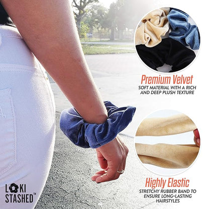 3-Pack Velvet Hair Tie Scrunchies for Girls & Women, The Original Hidden Pocket Scrunchie with Zipper Pocket Storage, Accessories, Small Items, Keys, Money - Navy, Tan, Black Color