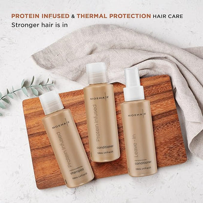 Moehair Travel Size Toiletries (Protein-Infused Shampoo, Conditioner, Leave-In Conditioner & Heat Protectant Spray) |Travel Shampoo and Conditioner Set | Sulfate & Paraben-Free Combo (3.4 Fl.Oz)
