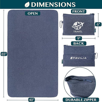 PAVILIA Travel Blanket Compact, Airplane Packable Bag, Soft Fleece Portable Throw Pillow Combo Set, Plane Flight Car Trips Essentials Gift Accessories, Luggage Backpack Clip, Navy Blue, 65 x 40 inch