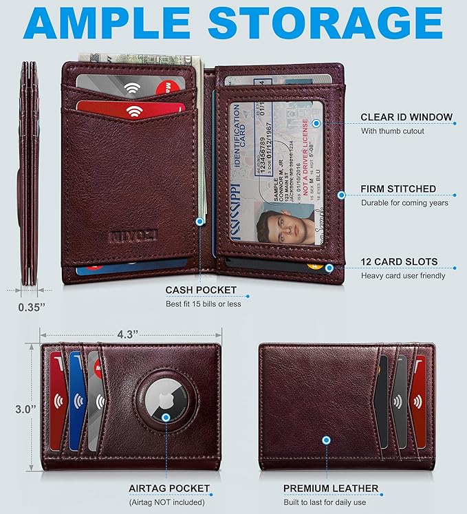 Airtag Slim Leather Wallet for Men - 12-Card Capacity, Magnetic Closure, Money Clip & Simplified Bill Compartment, RFID Blocking (4.3" x 3.0") | Gift Boxed