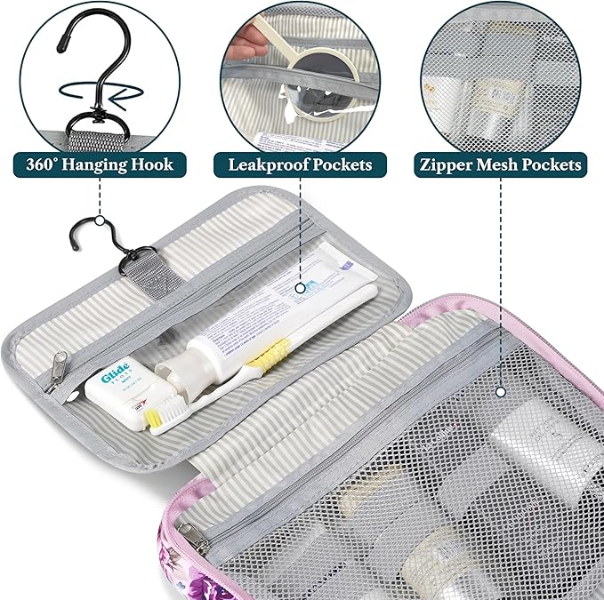 PAVILIA Hanging Toiletry Bag Travel Bag Women Men, Foldable Cosmetic Organizer, Roll up Makeup Bag, Water Resistant Accessories Toiletries, Large Travel Essentials Kit (Purple Floral)