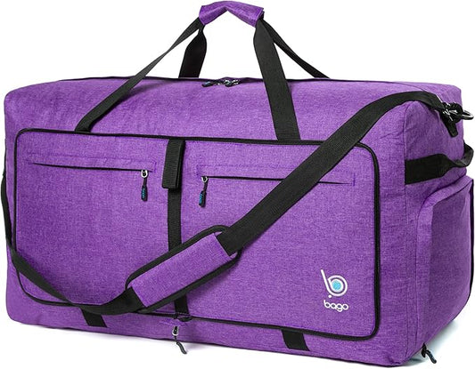 Bago Big XXL Foldable Duffel Bags for Traveling Women & Men - 140L Packable Duffle Bag for Travel with Shoe Compartment - Water Repellant, Heavy Duty, Lightweight Folding & Collapsible (SnowDepPurple)