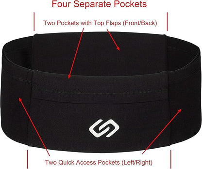 Sporteer VersaMod Running Belt, Workout Waist Pack, Travel Money and Passport Belt for Smartphones and Personal Items (Large, Black)