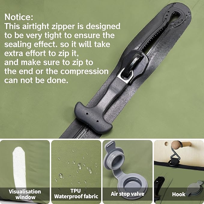 ONTYZZ Travel Vacuum Compression Bags Space Saver Vacuum Bags Reusable Compression Bag with IP67 Waterproof Zipper for Travel Suitcases and Backpack,One Pack Green（NO PUMP!）