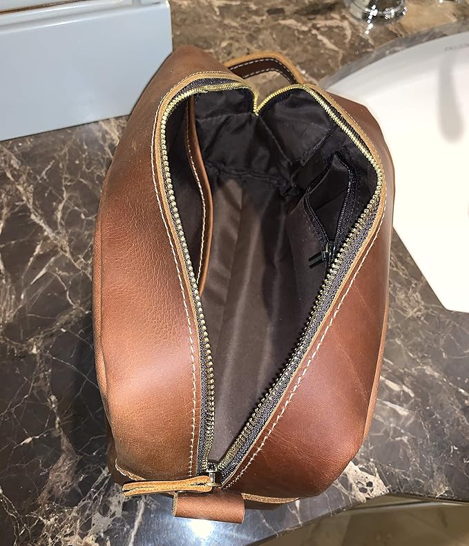 Calissimo Genuine Leather Toiletry Travel Tote Bag - Dopp Kit - Shaving Kit.