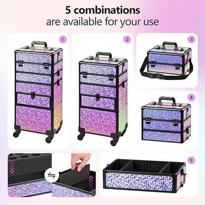 Makeup Train Case with Drawer, Rolling Makeup Case, Cosmetology Case on Wheels, Gift, Large Makeup Case Organizers, Professional for Salon Barber, Nail, Tattoo, Black Colourful