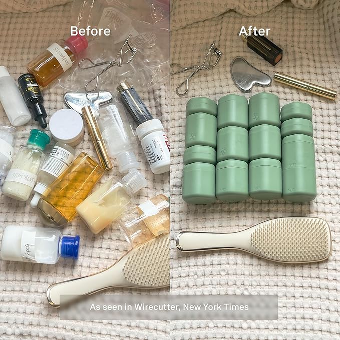 Cadence Travel Containers - Body Care Capsule Set - Magnetic Containers with Lids,Carry On Travel Essentials for Women/Men - 3 Flex Mediums (1.32oz) - Body Wash, Lotion & Sun Icon Labels - Eucalyptus