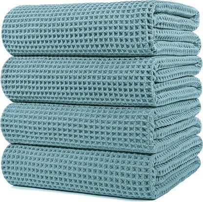 POLYTE Microfiber Oversize Quick Dry Lint Free Bath Towel, 60 x 30 in, 4 Pack (Waffle Weave)