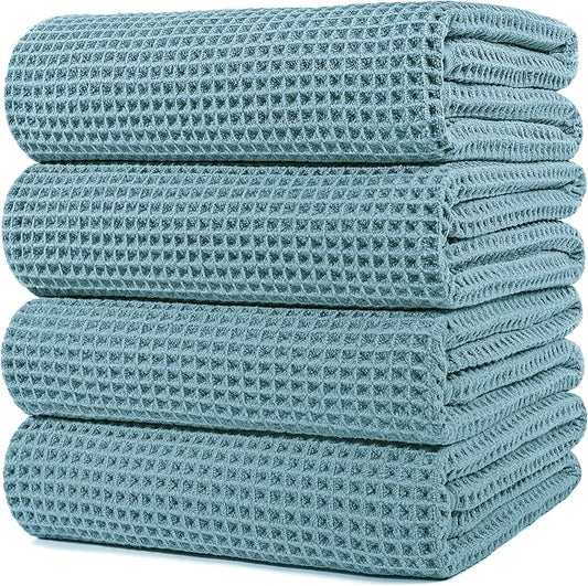POLYTE Microfiber Oversize Quick Dry Lint Free Bath Towel, 60 x 30 in, 4 Pack (Waffle Weave)