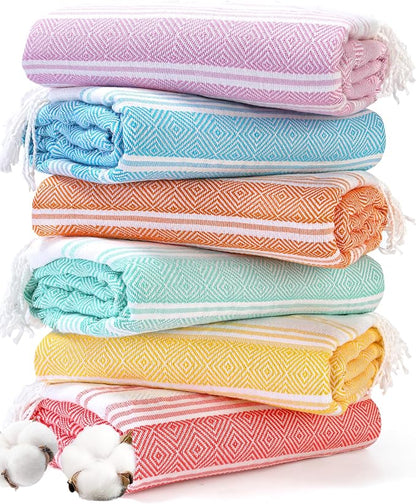 Genovega 6 Oversized Turkish Beach Bath Towel Set Bulk 74"x38" Extra Large Sand Free Quick Dry Swimming Camping Pool Clearance Towels Blanket Essentials Adult Multi LightBlue Rhombus