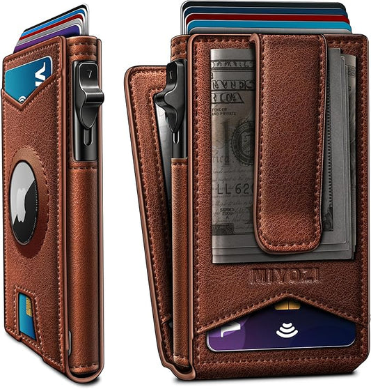 Airtag Wallet for Men,with Money Clip Gift Boxed,Slim Front Pocket Wallet RFID Blocking Metal Case Smart Pop-up Credit Card Holder in Magnetic Leather Flip