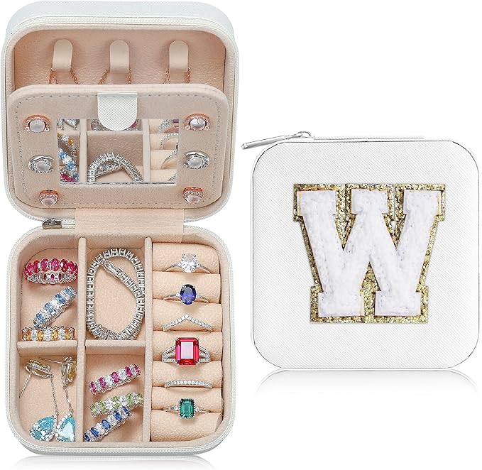 Parima Travel Jewelry Organizer for Women | Necklace, Earring, Ring Organizer | Women's Travel Gifts - Letter W, White