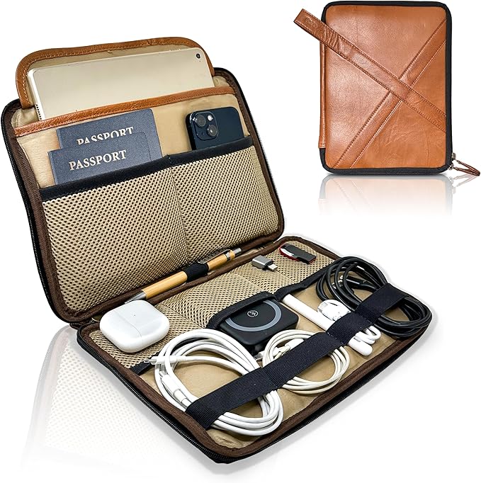 Leather Tech Pouch, Electronics Organizer Travel Case, Leather Passport Holder for Travel, Cord Organizer Tech Bag, Document Holder