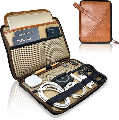 Leather Tech Pouch, Electronics Organizer Travel Case, Leather Passport Holder for Travel, Cord Organizer Tech Bag, Document Holder
