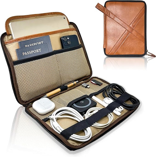 Leather Tech Pouch, Electronics Organizer Travel Case, Leather Passport Holder for Travel, Cord Organizer Tech Bag, Document Holder