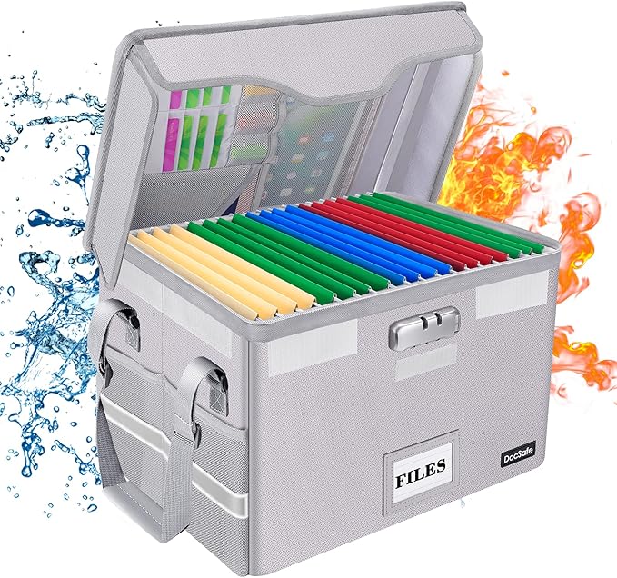 DocSafe Fireproof Document Box with Lock,File Storage Organizer with Zipper Pockets,Collapsible Portable File Box Home Office Safe Filing Cabinet with Handle for Hanging Letter/Legal Folder,Silver