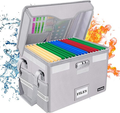 DocSafe Fireproof Document Box with Lock,File Storage Organizer with Zipper Pockets,Collapsible Portable File Box Home Office Safe Filing Cabinet with Handle for Hanging Letter/Legal Folder,Silver