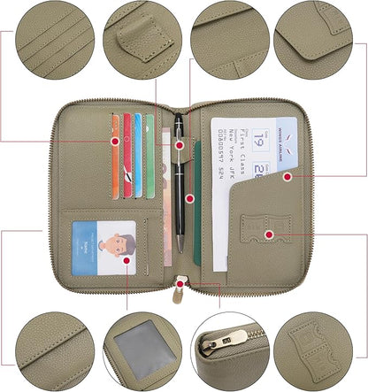 WASON Leather Zipper Travel Passport Wallet Holder RFID Blocking Cover, Passport case Pocket Slot for Card, Cash, ID, Boarding Pass and Ticket for Men, Women and Family Trips (Green)