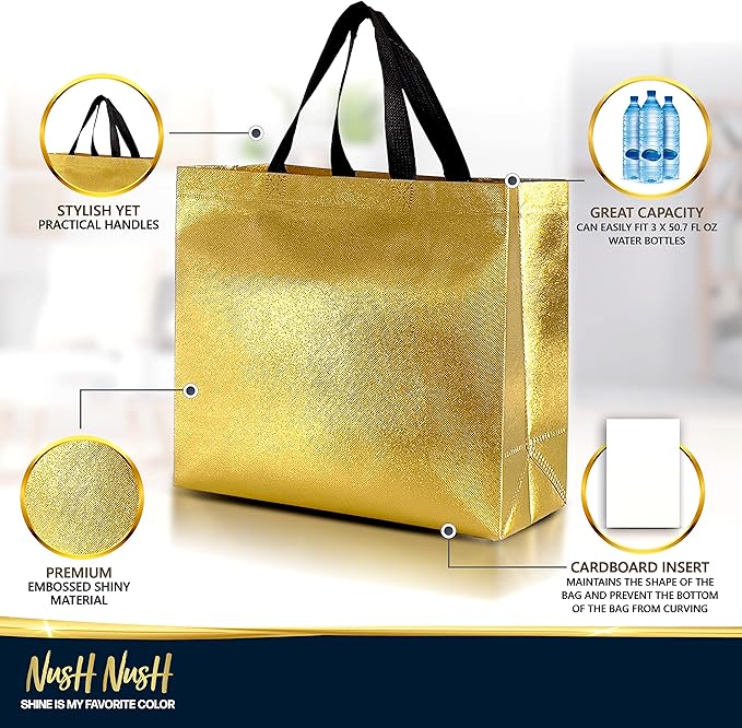 Nush Nush Shiny Gold Gift Bags Bulk – Set of 60 Reusable Gold Gift Bags With Handles - Perfect Goodie Bags Christmas Gifts, Birthday Party Favors, Small Business, Events, Weddings - 13Wx5Dx11H Size