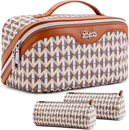 BOYATU Travel Makeup Bags for Women: Large Capacity Cosmetic Bag Set of 3 - Vegan Leather Make up Bags with Compartments - Wide Open Waterproof Toiletry Organizer Bag with Handle (B-05-Brown)