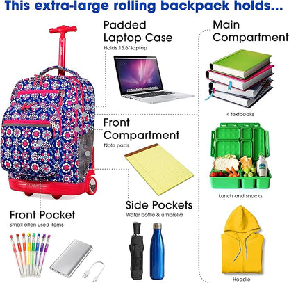 J World Sundance Laptop Rolling Backpack for Girls Boys. Roller Bookbag with Wheels, Trinket