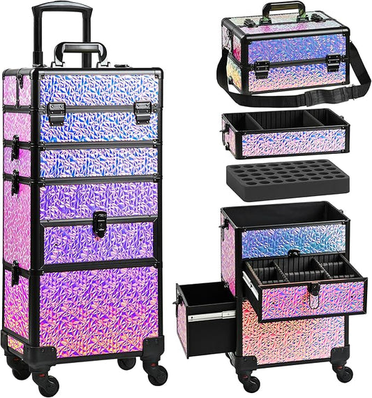 Makeup Train Case with Drawer, Rolling Makeup Case, Cosmetology Case on Wheels, Gift, Large Makeup Case Organizers, Professional for Salon Barber, Nail, Tattoo, Black Colourful