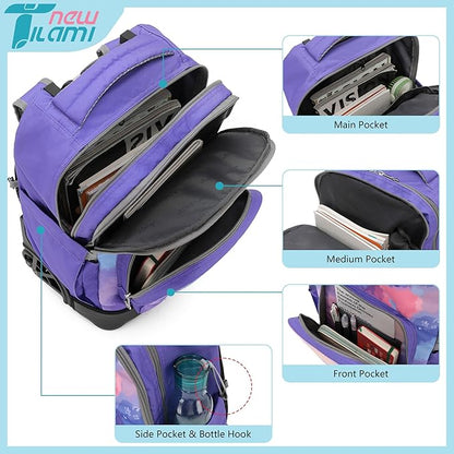 NEW TILAMI 18 Inch Rolling Backpack with Wheels for Girls Boys Kids Laptop Backpack School Travel, PurpleSky